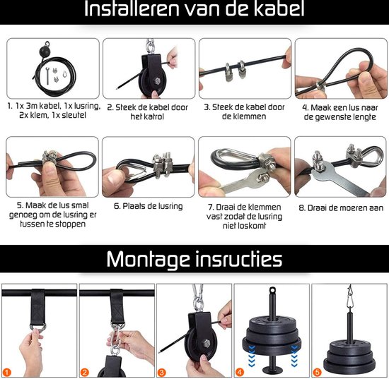 Fitness kabelsysteem – Thuis sporten met een XL kabel set – katrol – stang – triceps touw – home gym krachttraining station - lat pulley - Inclusief handleiding