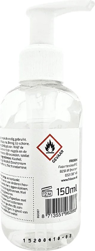 Handgel 150ml met pompdispenser. Transparante vloeistof met waarschuwingssymbolen en tekst.