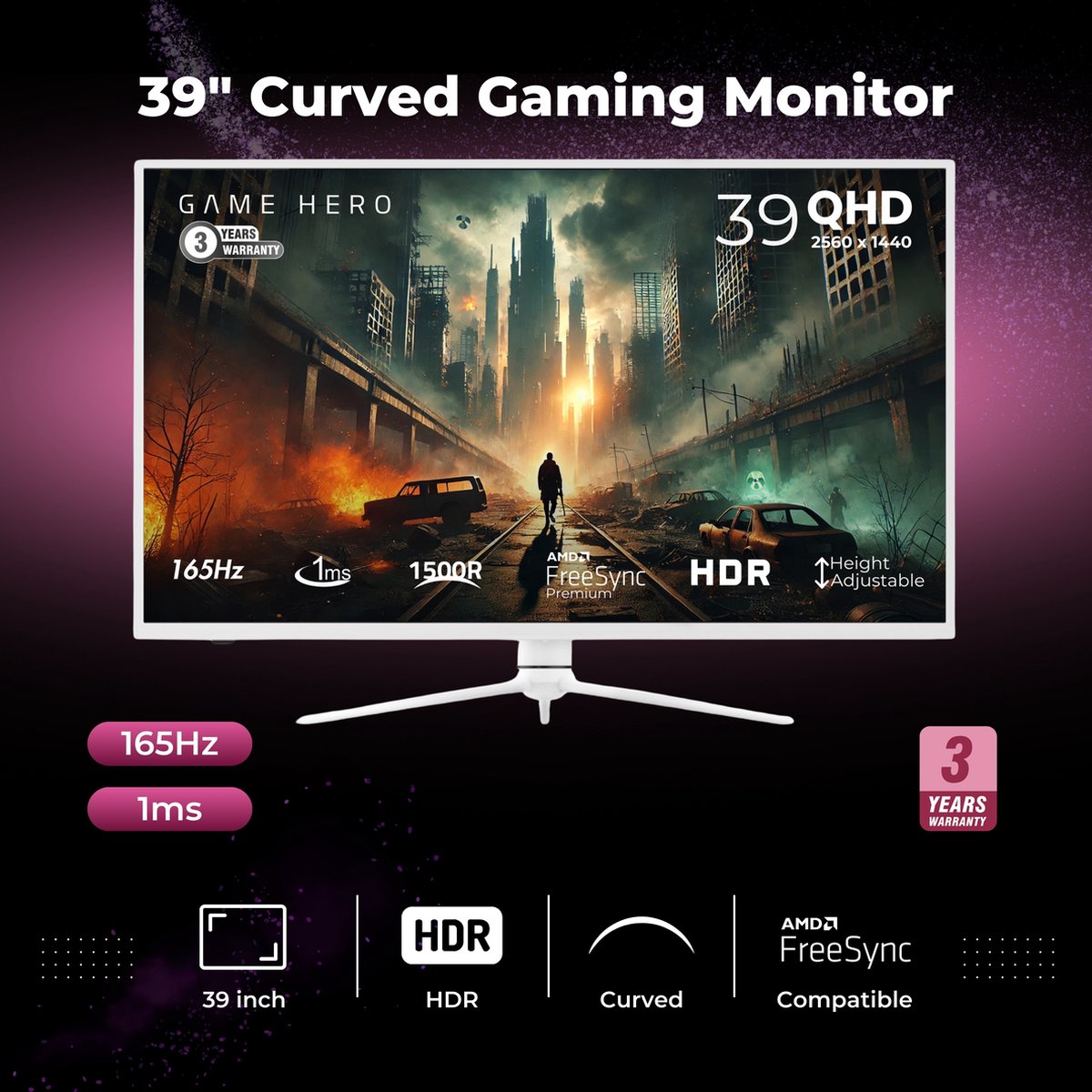 GAME HERO 39 inch QHD VA Curved Gaming Monitor - 165Hz - 1ms - afbeelding 2