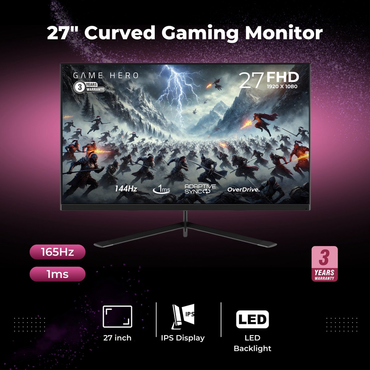 GAME HERO 27 inch Full HD Gaming Monitor 144Hz - afbeelding 2