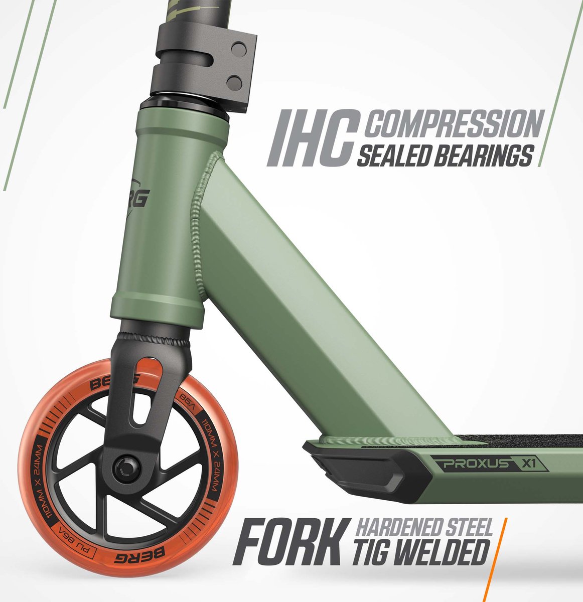 BERG Proxus X1 Stuntstep - Vanaf 6 jaar - 110 mm wielen - ABEC-9 lagers – Groen/Oranje — afbeelding 6