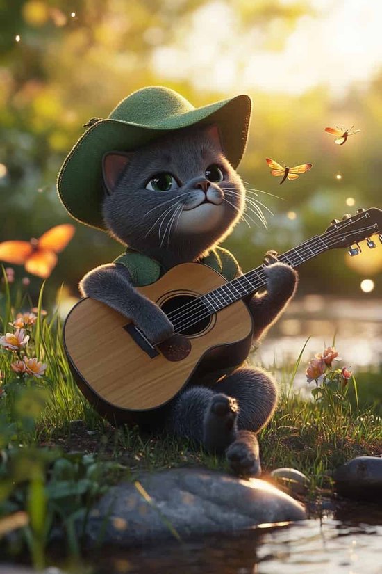 Kat Poster - Gitaar - Natuur - Muziek - Dieren - Kinderkamer - Kinder - Muziekinstrument - Kunst - Geluid - posters - formaat 50x70cm - Wanddecoratie - S4819