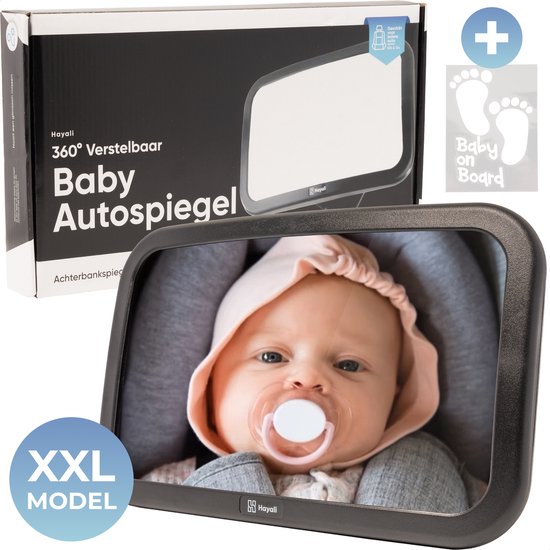 HAYALI® Autospiegel Baby 360° Verstelbaar voor Hoofdsteun Autostoel -Achteruitkijkspiegel XL- Achterbankspiegel Kinderen -Baby Veiligheid Accessoires - Inclusief Autosticker Baby on Board-Zwart
