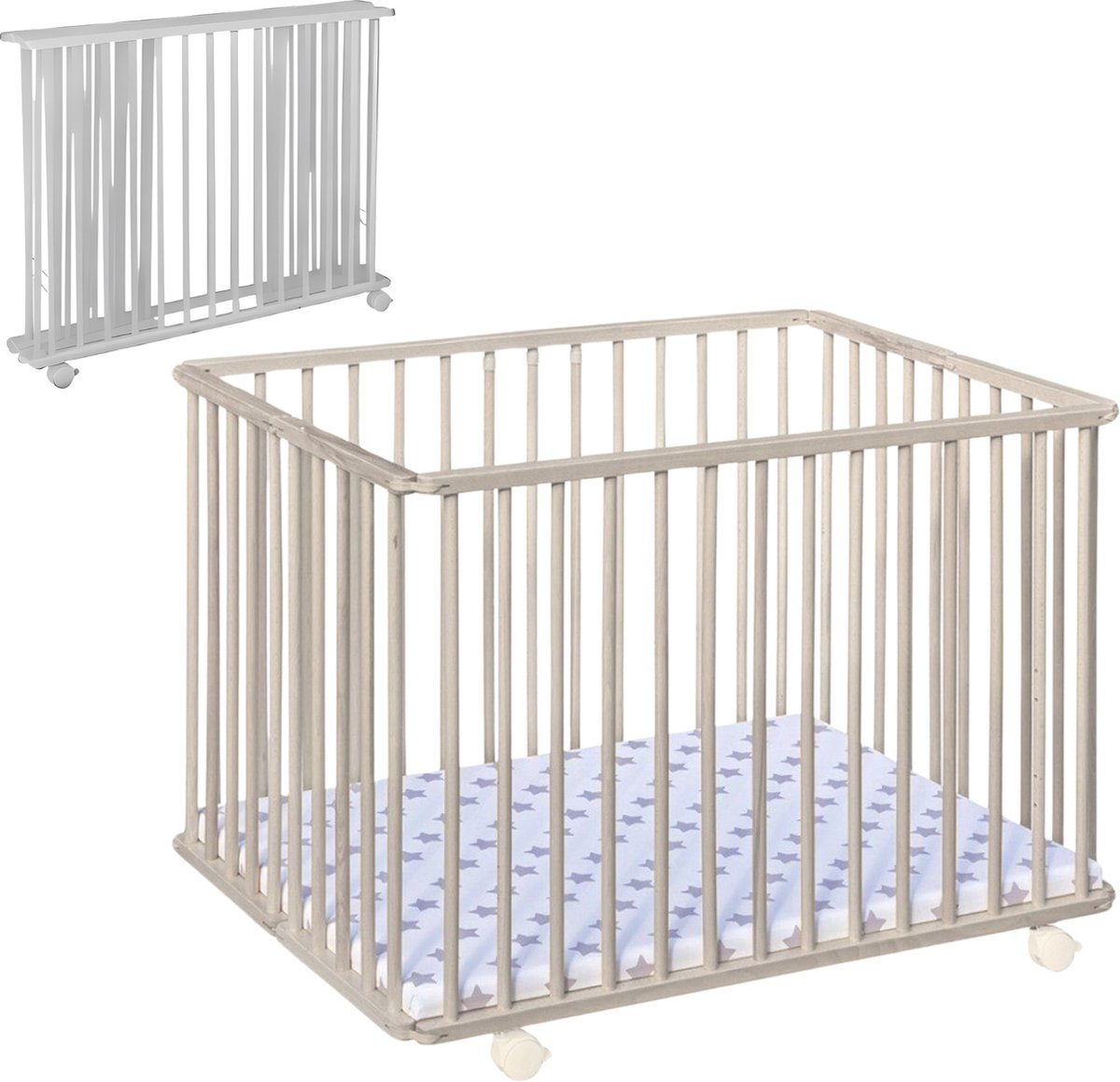 Bebies First LIAM Babybox Inklapbaar / Baby box – Kinderbox / Playpen Met Wieltjes - 99 x 75 x 74 cm - Clay