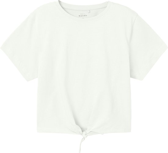 Off-white meisjes T-shirt met korte mouwen en een knoop aan de voorkant.