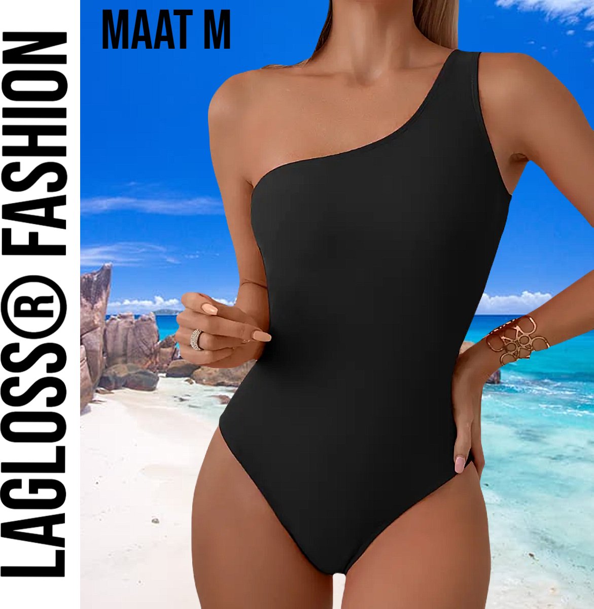 LaGloss® Badpak Asymmetrisch Effen Zwart - Strand/Beach Swimsuit - Zomer Badmode - Maat M %%