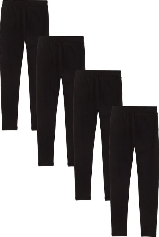 Vier zwarte leggings op een witte achtergrond.