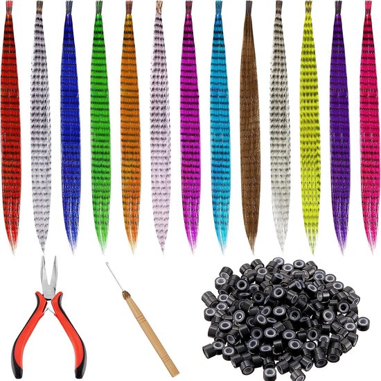 100 stuks gekleurde haarveren extensieset vrouwen kerstfeest cosplay 13 kleuren lange rechte synthetische haarveer 100 siliconen gevoerde micro ring haaknaald haarverlenging verwijderaar tang
