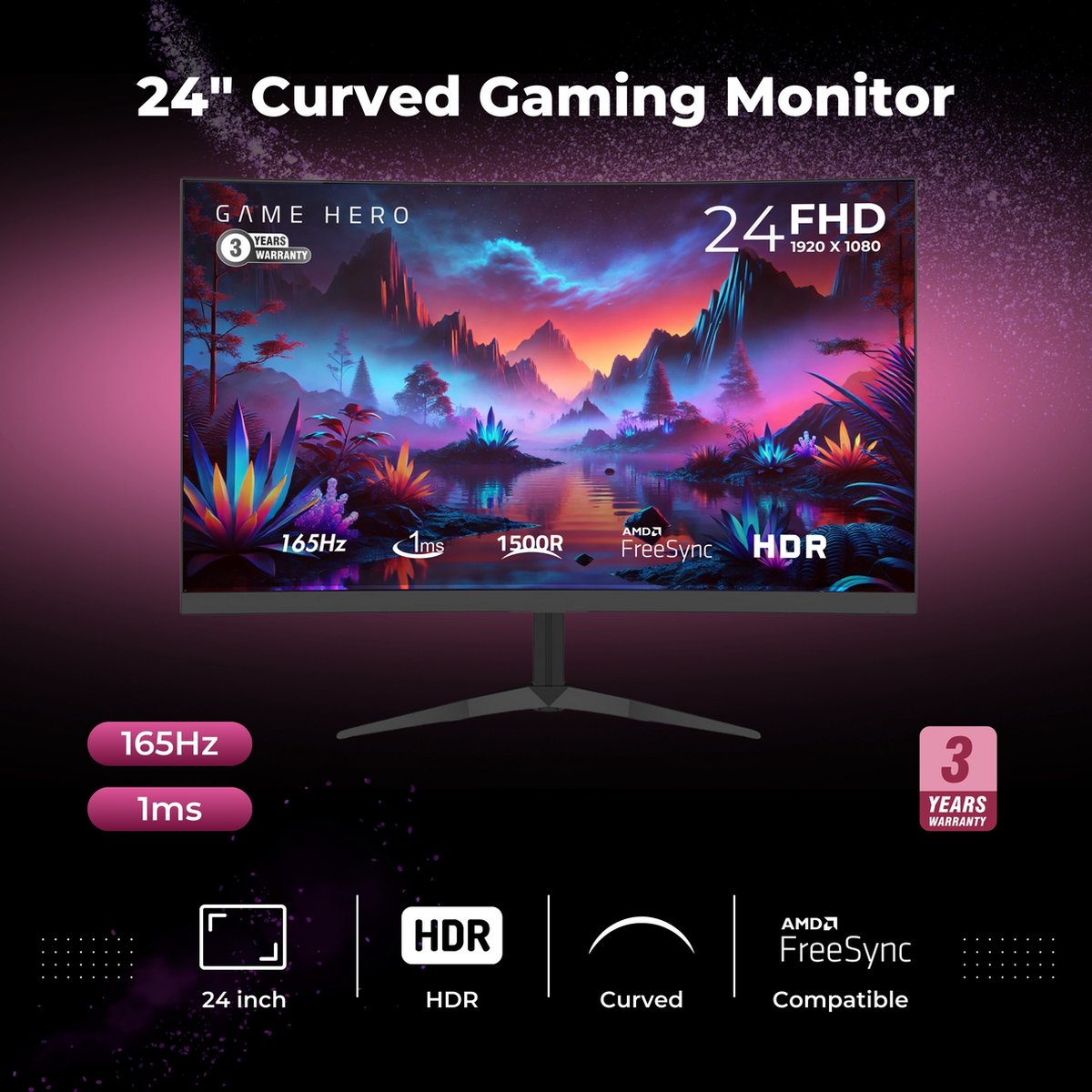 GAME HERO® 24 inch Curved Gaming Monitor 165Hz 1ms - afbeelding 2