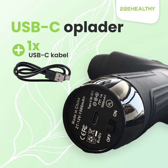 Zwarte 2BEHEALTHY massagegun XG10 met USB-C oplader en kabel.