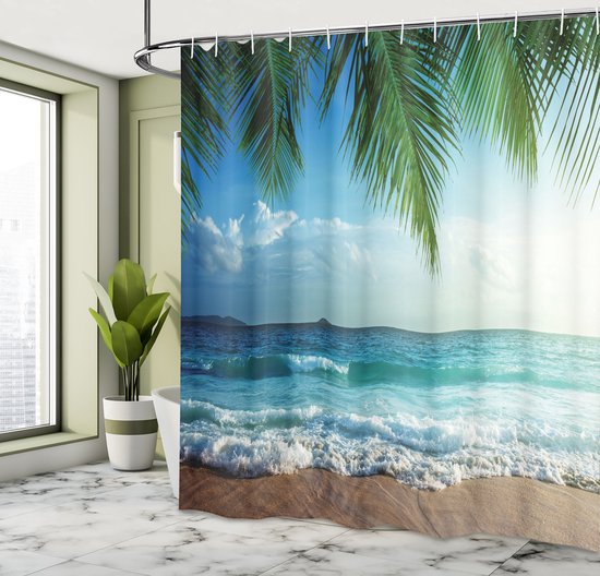 Douchegordijn buiten raam landschap ontwerp strand patroon badkamer gordijn sets waterdicht polyester stof douchegordijnen met 12 haken sneldrogend en wasbaar, 180 x 180 cm