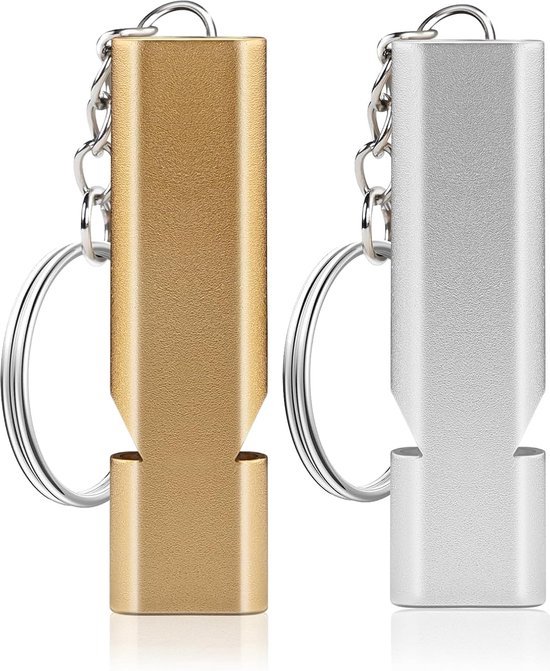 2 stuks fluitje, overlevingsfluit, dubbele buizen metalen fluitje met sleutelhanger, scheidsrechtersfluit, noodfluit voor redding, reizen, sport, huisdiertraining (zilver + goud)
