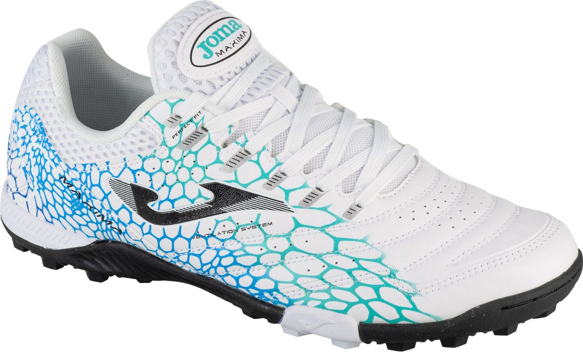 Witte Joma Maxima 2532 TF voetbalschoenen voor mannen, maat 41, met synthetisch leren bovenwerk en kleurrijke details.