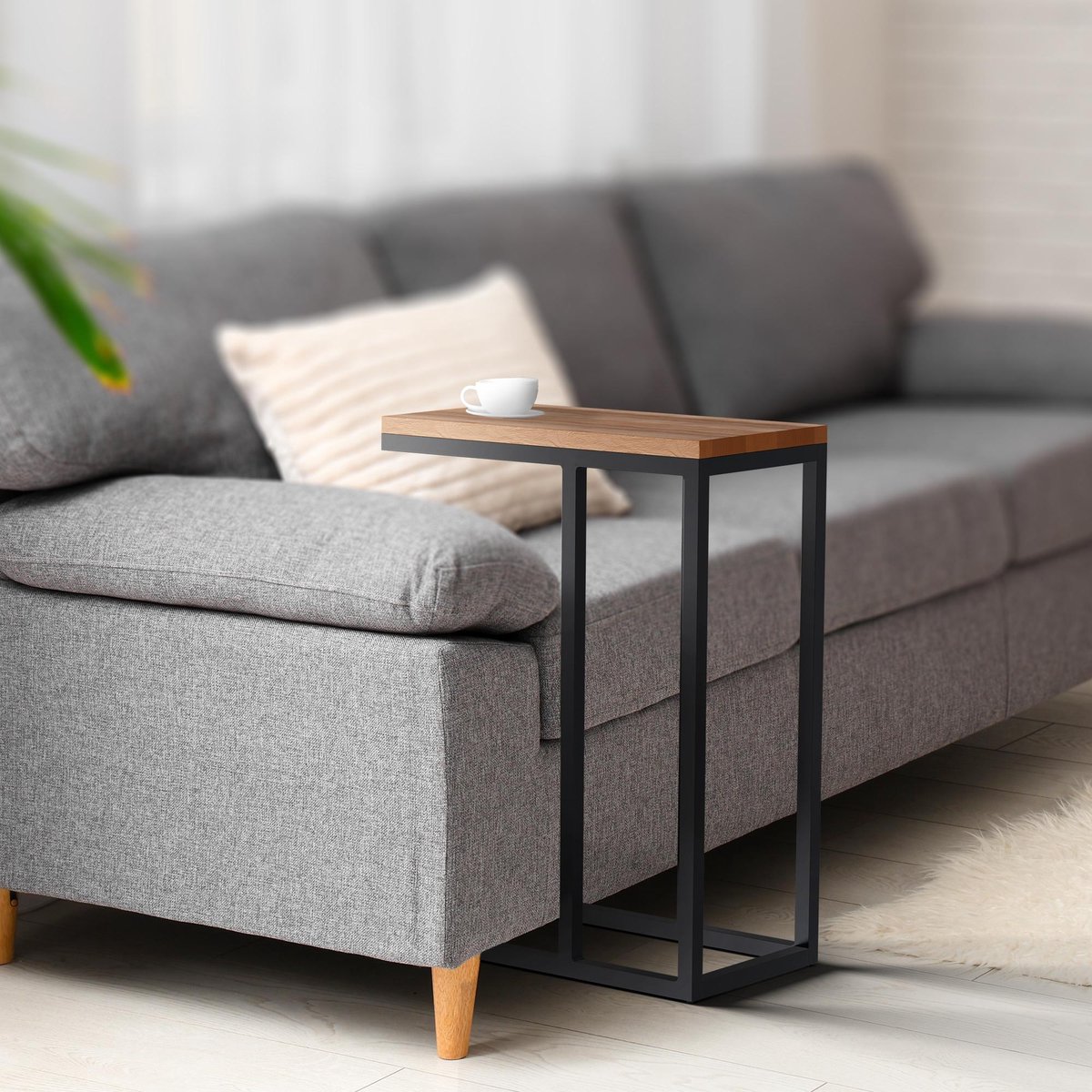 CLP Manteo Bijzettafel - metaal met hout - woonkamer - Salontafel van eikenhout - Sofa-tafel met metalen frame - Vierkant nachtkastje -, Maat