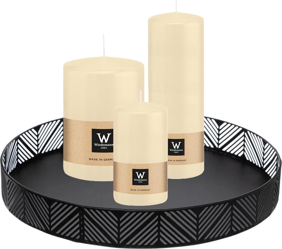 Wiedemann Cilinderkaarsen - stompkaarsen set - op zwart dienblad van metaal - 3x stuks - creme wit - 6 x 12 - 10x15 - 7x20 cm