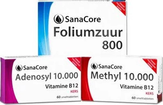Drie SanaCore verpakkingen: Foliumzuur 800, Adenosyl 10.000 Vitamine B12, Methyl 10.000 Vitamine B12.