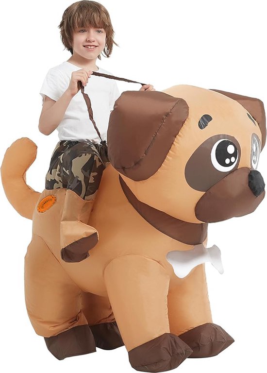 KIMU® Opblaas Kostuum Kinderen Zittend Op Hond - Maat 104 110 116 122 128 134 140 - Opblaasbaar Pak - Hondenpak Mascotte Opblaaspak - Opblaasbare Puppy Bruin Jongen Meisje Carnaval Carnavalspak