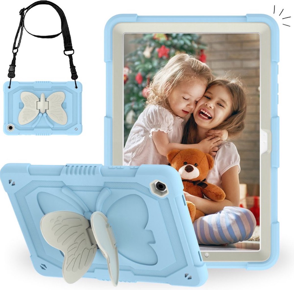iPad mini 6 8.3 2021 - tablet hoes - heavy Duty shockproof - met schouderband - Blauw - vlinder