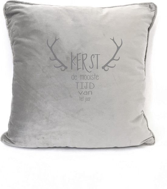 Zacht sierkussen Licht grijs/licht taupe -beige- Velours KERST Kussen 45x45cm Met Tekst: Kerst De Mooiste Tijd Van Het Jaar