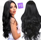 Frazimashop- golf Pruik - Hittebestendige -was- Pruiken Dames Lang golf Haar - #Front Lace Wig 13x4# 75 cm kleur zwart -Pruiken- Haar - Wig