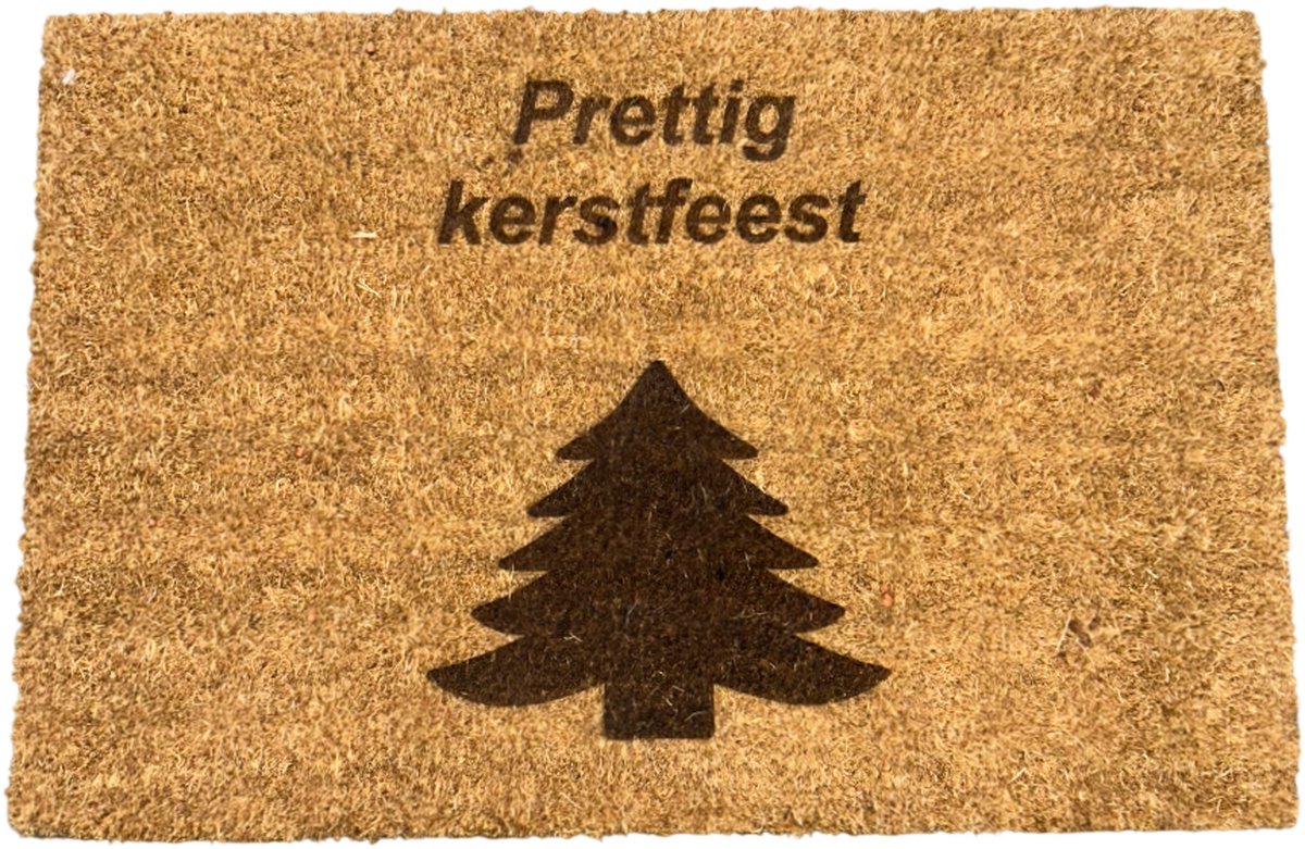 Deurmat met tekst - Deurmat kokos - Deurmat binnen - Prettig kerstfeest - 40x60 cm - Kleur bruin - Kerst - Kerstboom