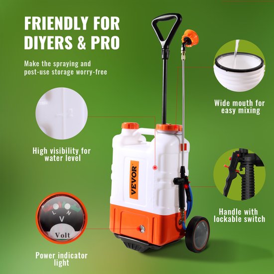 Witte en oranje VEVOR sproeier met wielen, uitschuifbare handgreep, volt-meter en extra spuitmond.