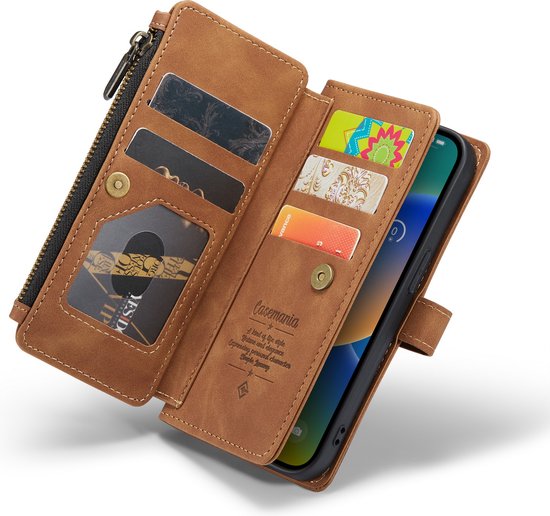 Bruin portemonnee hoesje voor iPhone met ritsvak en kaarthouders. Telefoon is uitneembaar.