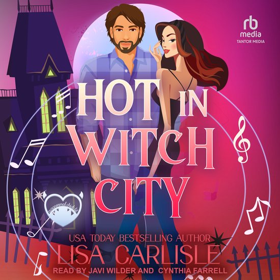 Geanimeerde cover: een man en vrouw voor een spookhuis, met de titel 'Hot in Witch City' en muzieknoten.