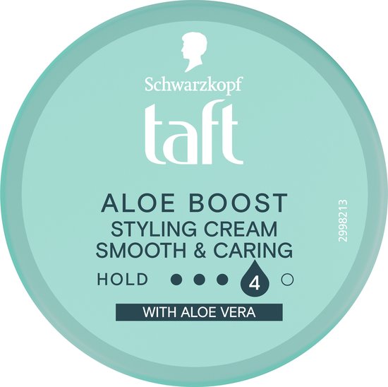 Deksel van Taft Aloe Boost Styling Cream in turkoois met logo en "Hold 4".