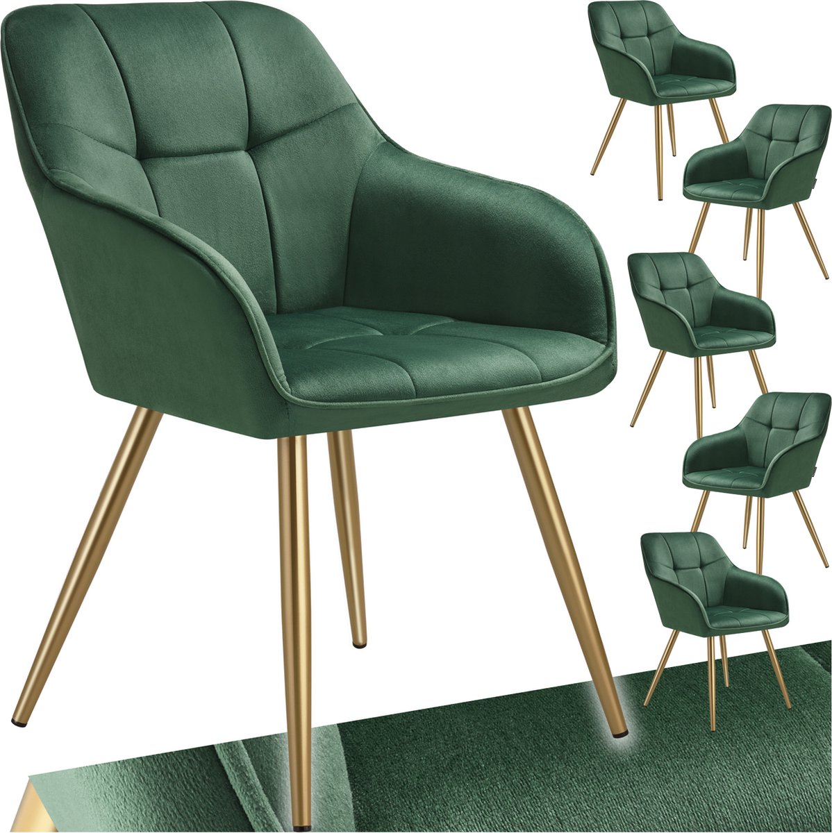 Tectake Eetkamerstoelen Marilyn - Set van 6 - Gestoffeerde Stoel in Fluweellook - Gecaptioneerd - Zwarte Stoelpoten - Ergonomische Keukenstoel - Doorlopende Rugleuning en Armleuningen - Stoel voor Woonkamer, Eetkamer, Slaapkamer - Groen