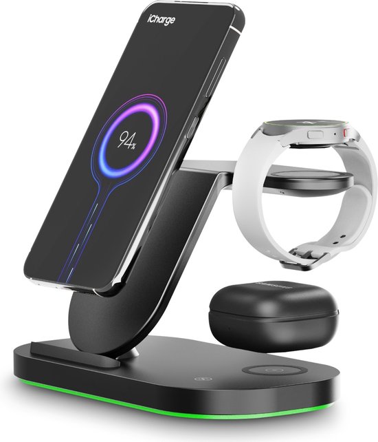 Zwarte 3-in-1 draadloze oplader met smartphone, smartwatch en oordopjes. Groene LED-verlichting aan de onderkant.