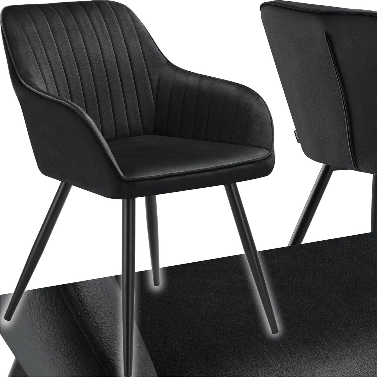 Tectake Fluwelen stoel met gestikt patroon - Moderne eetkamerstoel - Kuipstoel - Woonkamer, eetkamer, lounge of kaptafelstoel - Div. kleuren - Zwart/zwart