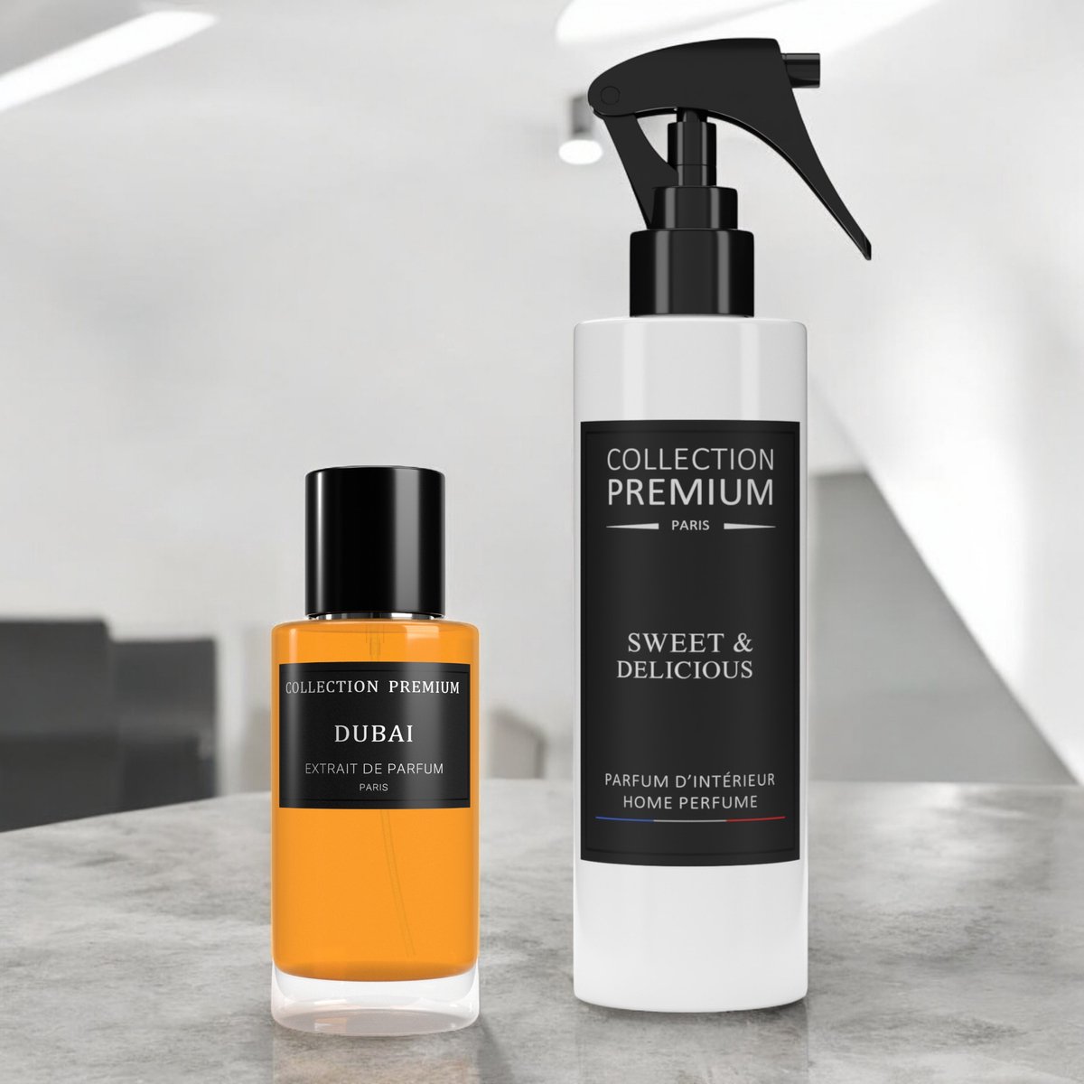 Goedkoopste Combi deal - Collection Premium Paris - Parfum Interieurspray, Carspray en Textielspray - Dubai Parfum Sweet en Delicious 50 ML 250ML - Uni