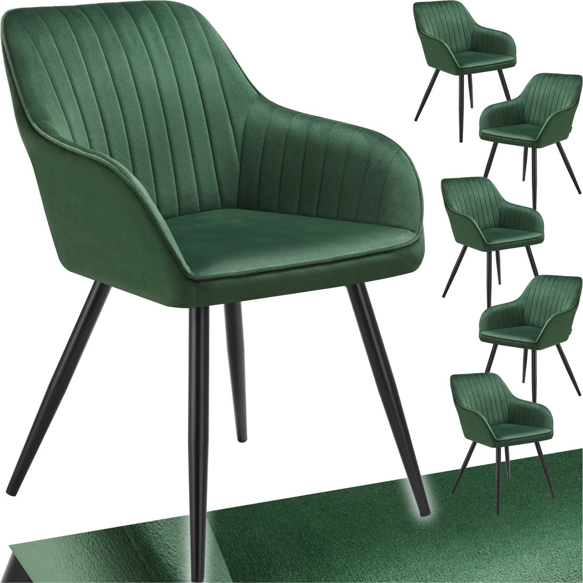 Tectake Fluwelen stoel met gestikt patroon - Set van 6 - Eetkamerstoel in fluweelstof - Moderne fauteuil - Woonkamer, eetkamer, lounge of kaptafelstoel - Div. kleuren - Donkergroen/zwart