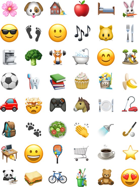 Vel met diverse stickers voor een planbord, waaronder emoji's, dieren, huisdieren en huishoudelijke taken.