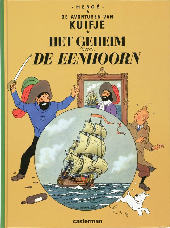 Kuifje: Het Geheim van de Eenhoorn. Kapitein Haddock, Kuifje en Bobbie met een schip op zee.