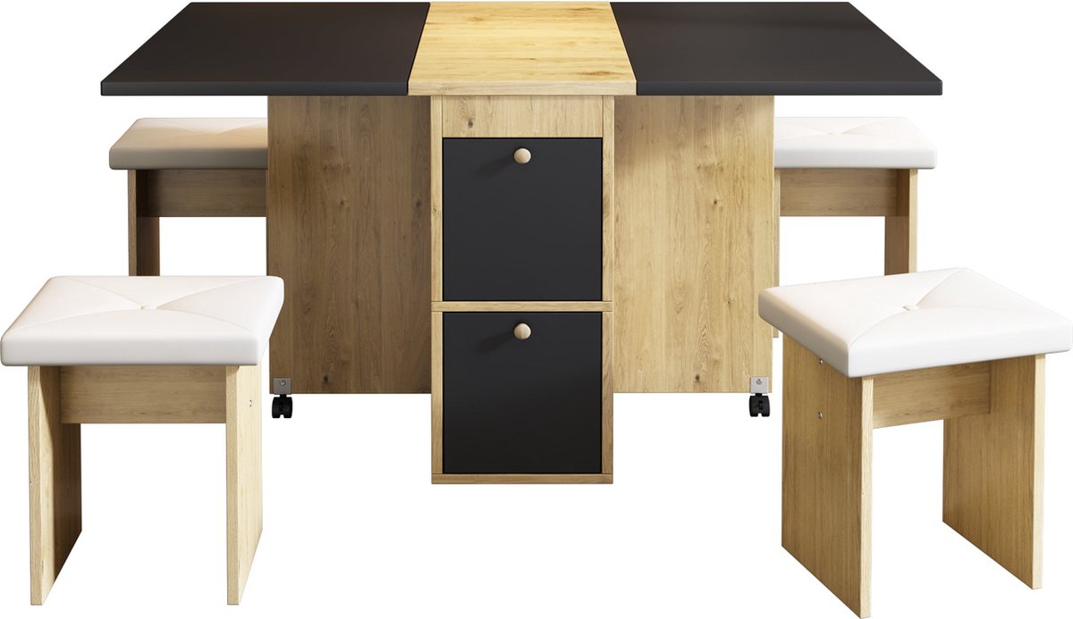 Merax Eettafelset met 4 Eetkamerstoelen – Inklapbare en Verrijdbaar Eettafel met opbergruimte – 120×80×75 cm – Wit met Eiken Bruin en Zwart – Ruimtebesparende Eethoek