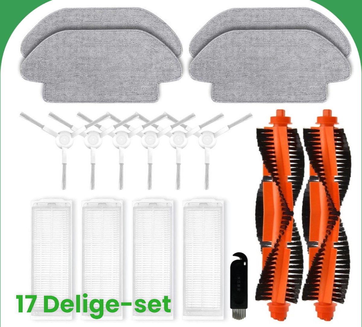 Dutchers® 17-pack Vervangende Accessoires voor Xiaomi Robot Vacuum S12 B106GL, voor Xiaomi Mi Robot Vacuum Mop 2S XMSTJQR2S accessoires, 2 Hoofdborstels, 6 Zijborstels, 4 Hepa-filters, 4 Moppads