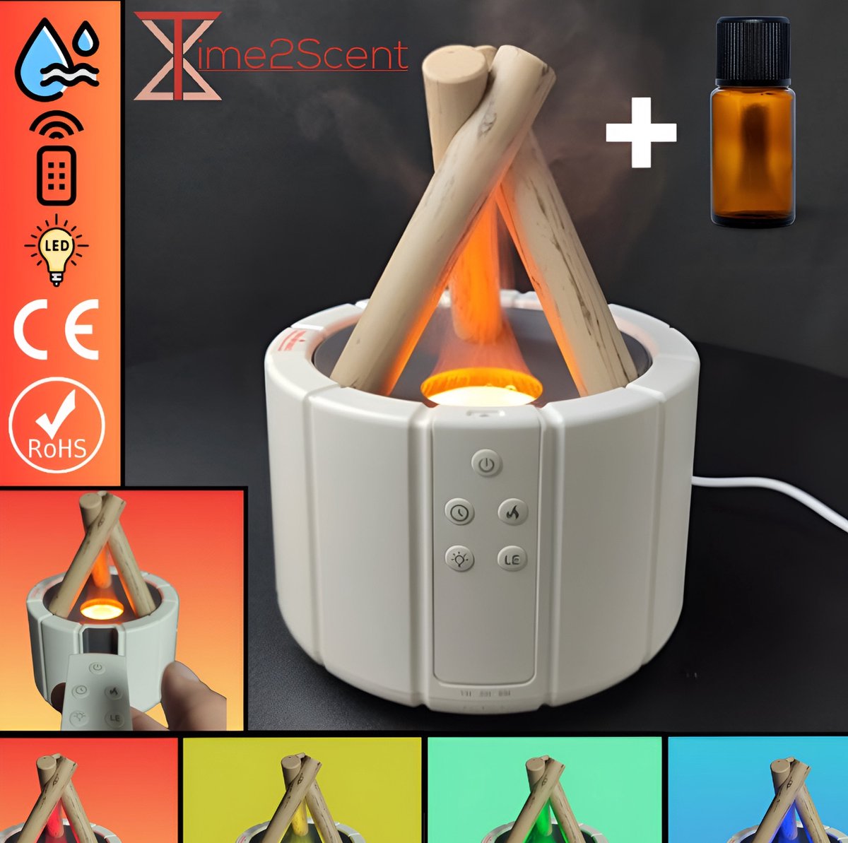Goedkoopste Time2Scent Kampvuur Diffuser - Inclusief olie - Ultrasone Aroma diffuser 250ML met Afstandsbediening - 7 LED Kleuren - lichteffecten - Timer - Sfeerlamp - Aromadiffusers Luchtbevochtiger - Geurverspreiders