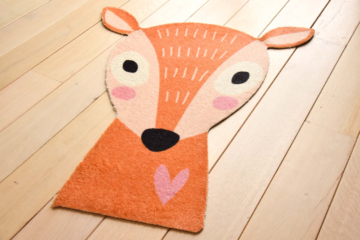 Mats & Joy® Hertenkopje Vloerkleed Kinderkamer 90x80cm - Zacht - Anti-Slip – Tapijt Kinderkamer en Babykamer – Babykamer Accessoires – Tapijt Kinderen Dieren