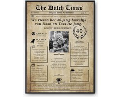 A4 Persoonlijke Jubileumkrant – Vintage Oude Krant Stijl – Gepersonaliseerde Poster met Foto, Namen & Datum – 1-40-60 Jaar Huwelijk Cadeau – Origineel Robijnen Huwelijksjubileum Geschenk