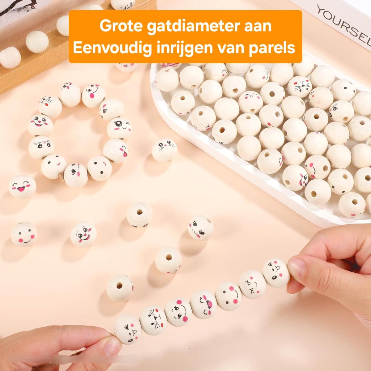 Houten Kralen met Gezichtje 150 Stuks – 20mm DIY Kralenset – Knutselen Kinderen & Volwassenen – Sieraden Maken, Speenkoorden & Decoratie — afbeelding 6