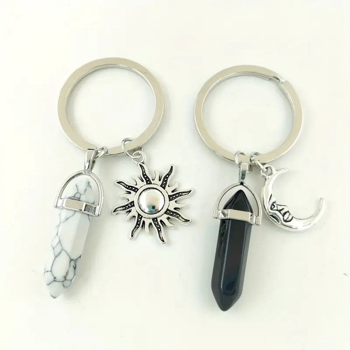 Sleutelhanger - Tashanger - Zwart obsidiaan - Wit turkoois - Maan - Zon