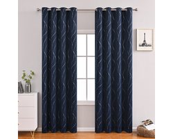 Gordijnen - Gordijnen Marineblauw - golvende printontwerp - Verduisterende gordijn met ringen - 1 stuk getextureerde verduisteringsgordijnen