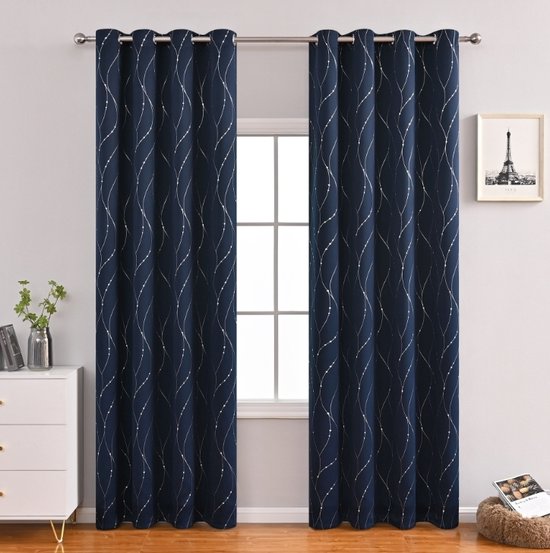 Gordijnen - Gordijnen Marineblauw - golvende printontwerp - Verduisterende gordijn met ringen - 1 stuk getextureerde verduisteringsgordijnen voor slaapkamer - 100x200 cm