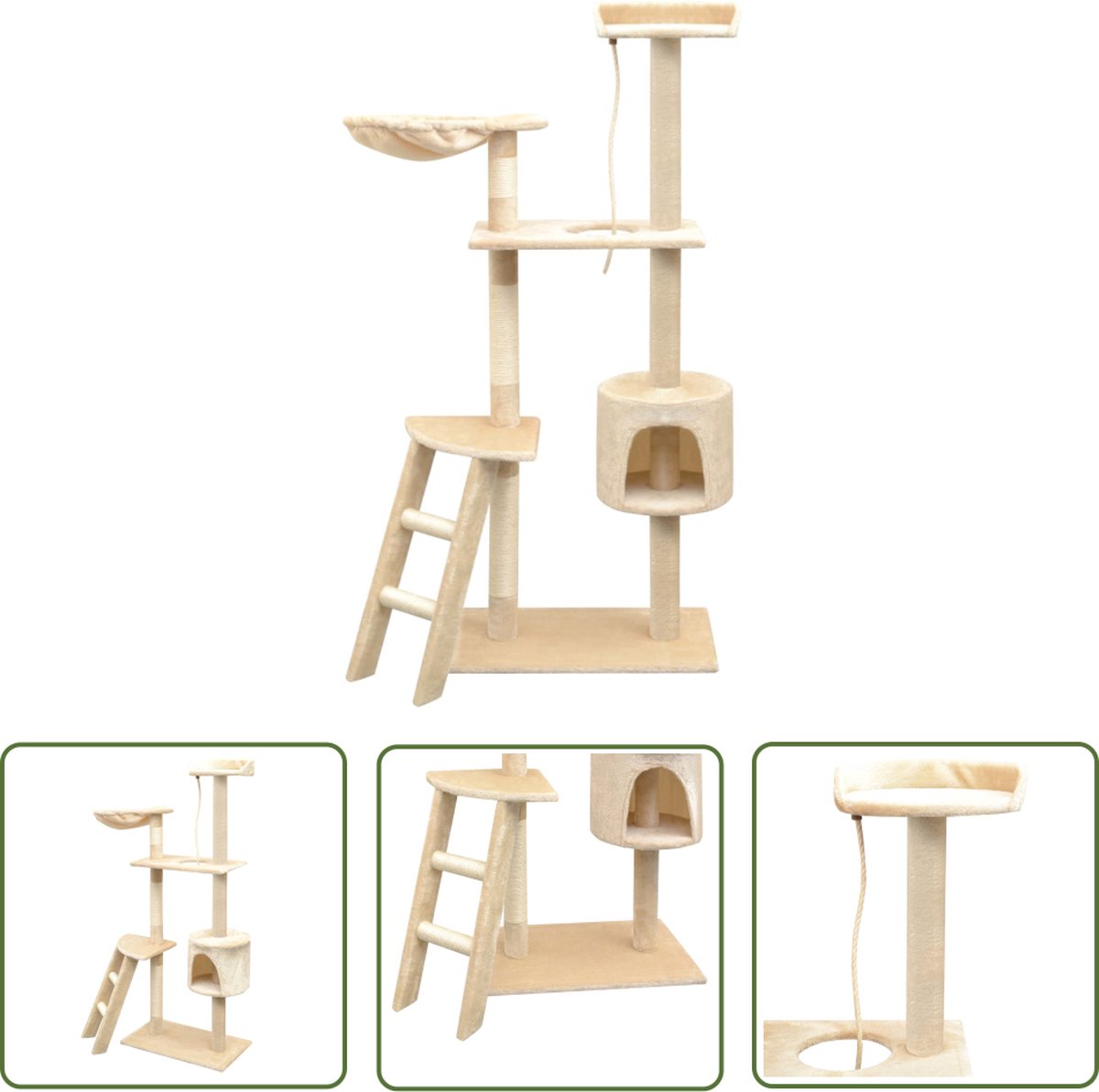 The Living Store Kattenboom - Beige - 97 x 40 x 150 cm - Met ladder - huisje - hangmat - krabpalen en platformen
