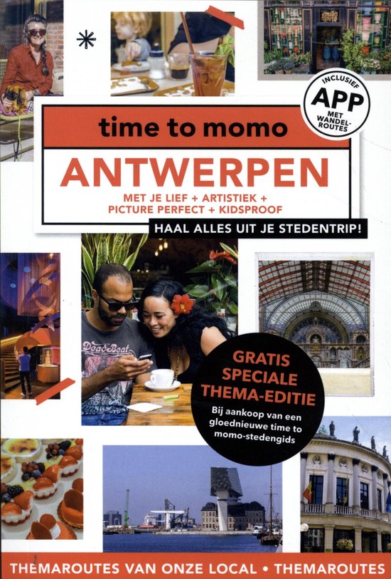 De cover van de 'time to momo Antwerpen' stadsgids, met twee lachende mensen aan een tafel en tekst die "HAAL ALLES UIT JE STEDENTRIP!" aanprijst.