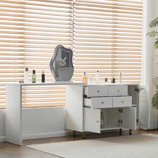 Hzuaneri Dressing Table, Large Table Top with Mirror, LED Light with Adjustable Brightness, Drawers and Storage Cabinets, Open Shelves, for Bedroom
