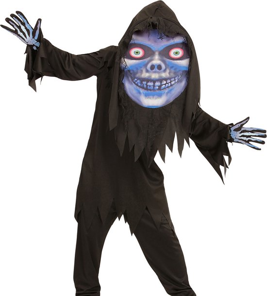 Zwart grim reaper kostuum met capuchon en blauw-paars masker met enge grijns.