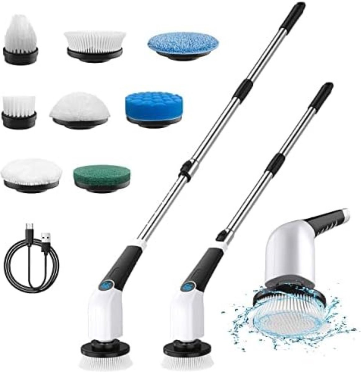 Goedkoopste Solacis - Elektrische schoonmaakborstel - Elektrische schrobborstel - Reinigingsborstel - Scrubber - 3 verstelbare lengtes - Oplaadbaar - Diverse opzetstukken - Zwart/Wit